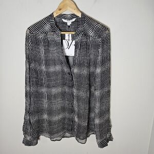 Diane von Furstenberg Harlow Black White Optic Plaid Silk Blouse NWT 14